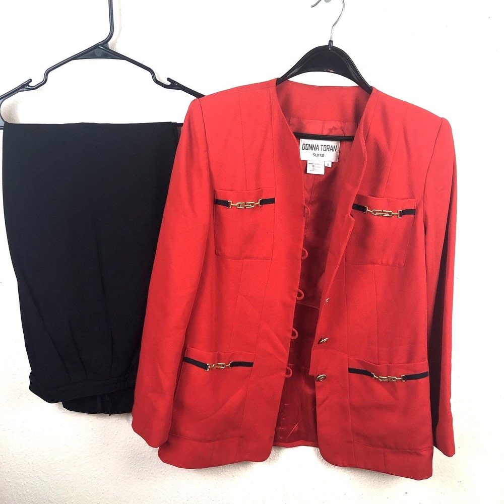 Vintage Donna Toran suit women's 8 red black blazer and pants polyester business